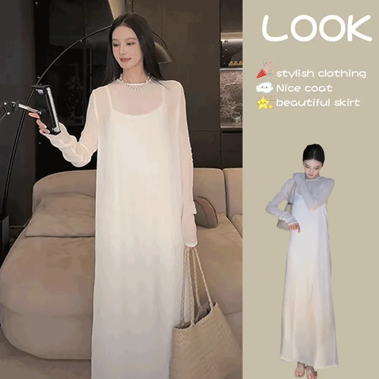 2025秋季新款轻熟御姐气质时尚休闲连衣裙女装白色吊带长裙两件套