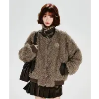 人造皮草 新款美式复古毛绒拼接皮外套女秋冬新款加厚保暖宽松