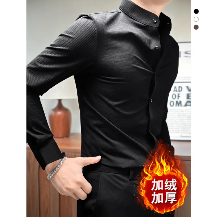 华夫格加绒加厚男士衬衫秋季新款痞帅修身高级感男装极简衬衫男款