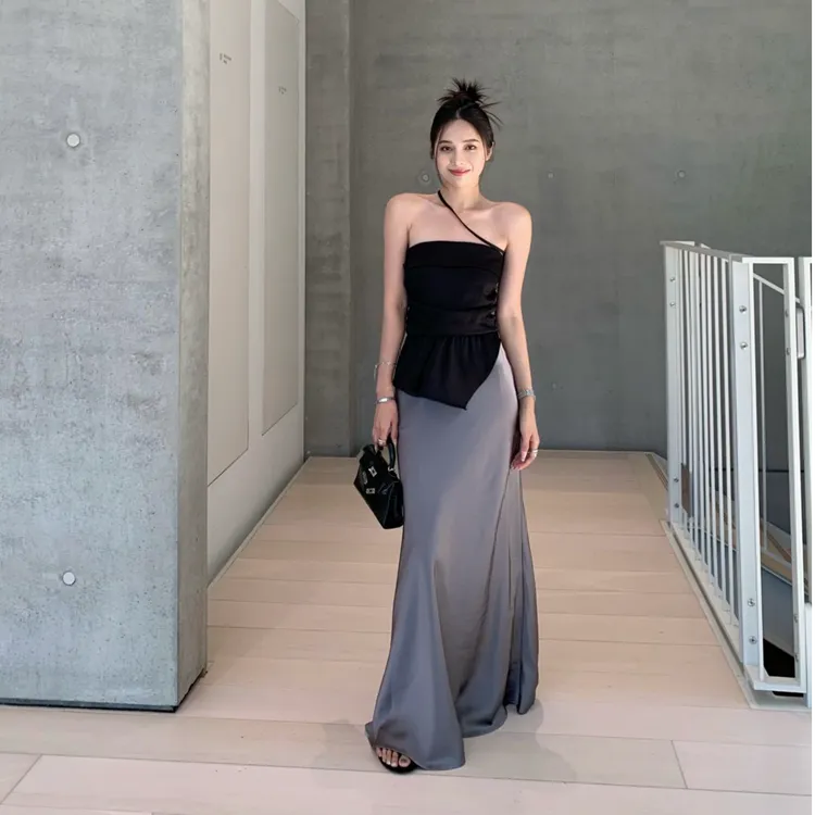 法式黑色抹胸背心露锁骨女装夏季新款设计显瘦气质高腰半身裙套装