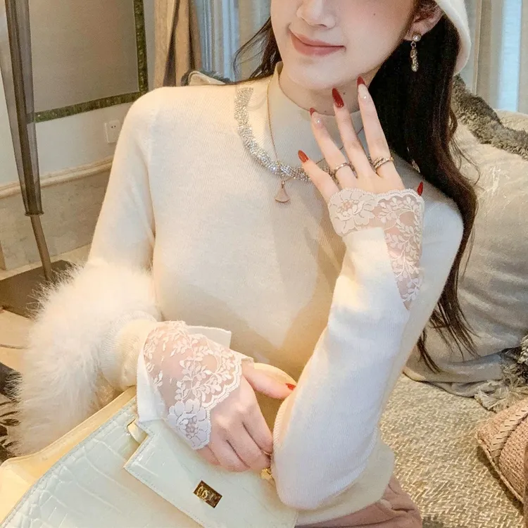 钻链高级感蕾丝拼接轻奢秋冬半高领气质百搭毛衣针织打底衫女T308