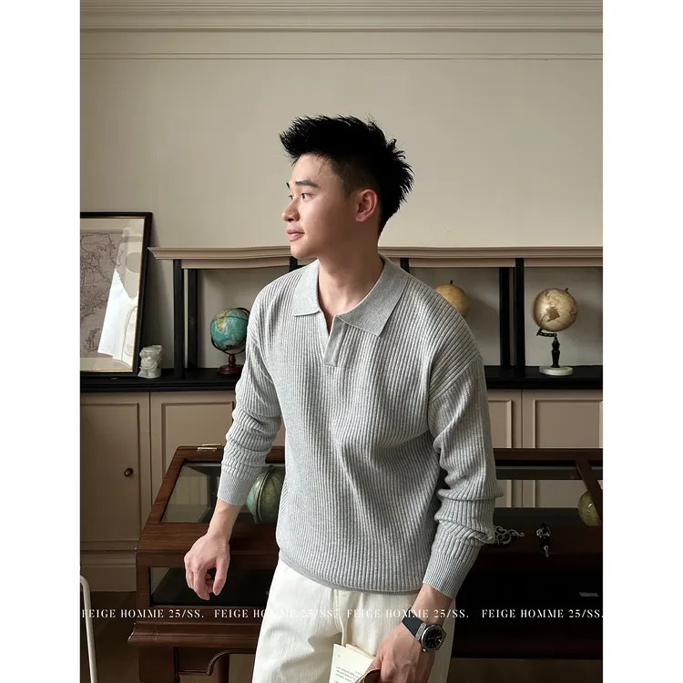 APENG秋 『羊毛混纺』极简老钱风翻领男士毛衣长袖POLO针织衫#1202