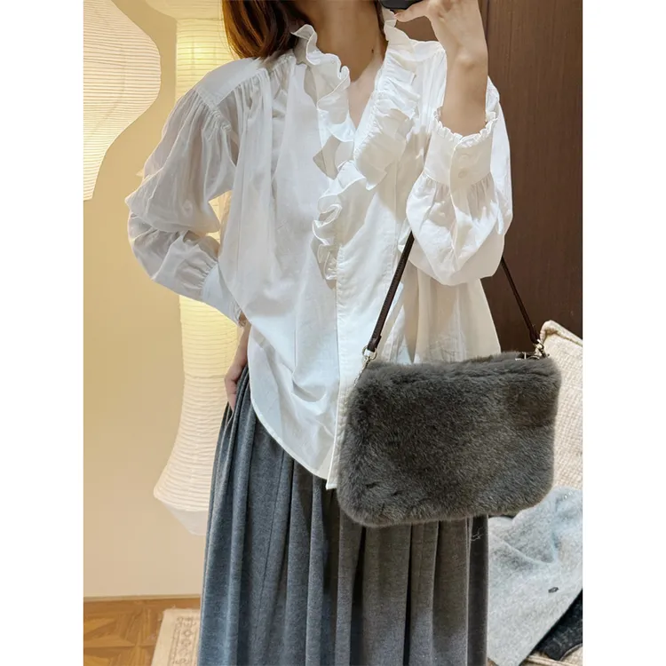 【唐悠悠mgdm】木耳边拼接纯棉宽松衬衫女秋显瘦立领百搭打底衬衣