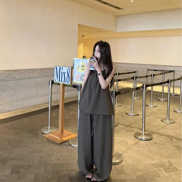 法式百搭夏季时尚上衣休闲裤长裤时尚套装高腰短袖显瘦运动宽松
