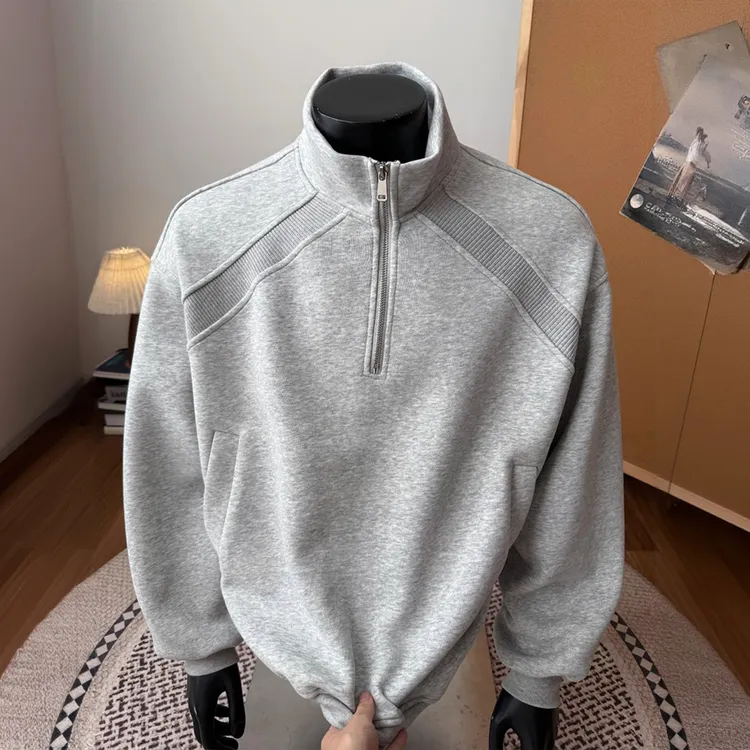 灰色螺纹拼接半拉链卫衣男秋季cleanfit美式复古立领休闲百搭上衣
