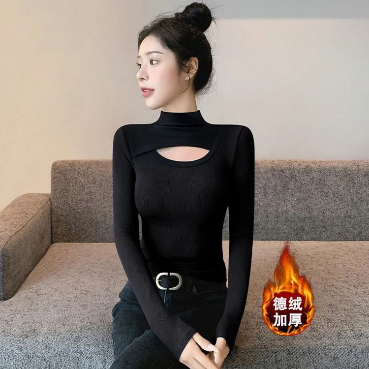 镂空黑色半高领打底衫女内搭2025新款秋冬中领长袖修身高级感上衣