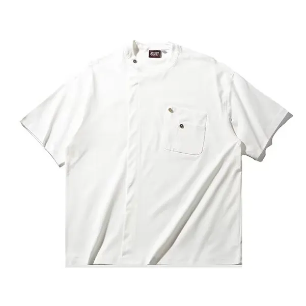 夏季日系纯色拼接短袖t恤口袋设计感圆领情侣复古潮休闲宽松上衣