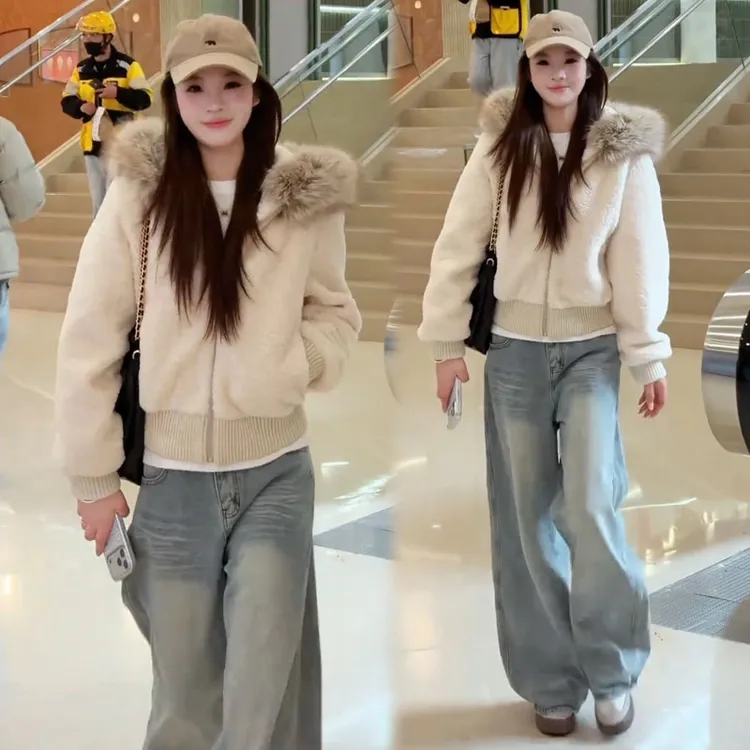 毛毛棉衣短外套女2025冬季新款洋气大毛领加厚保暖慵懒加棉上衣潮