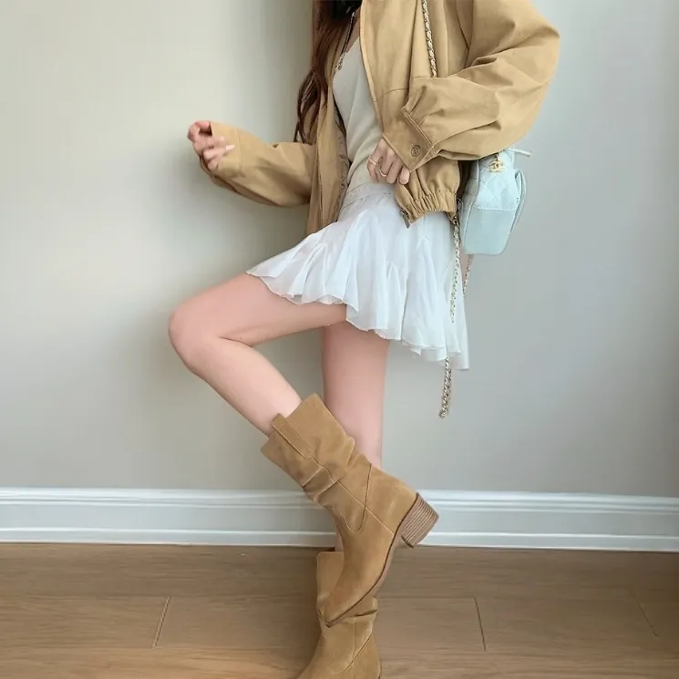 显瘦圆头V口厚底中筒复古风马丁靴增高西部牛仔靴百搭复古粗跟