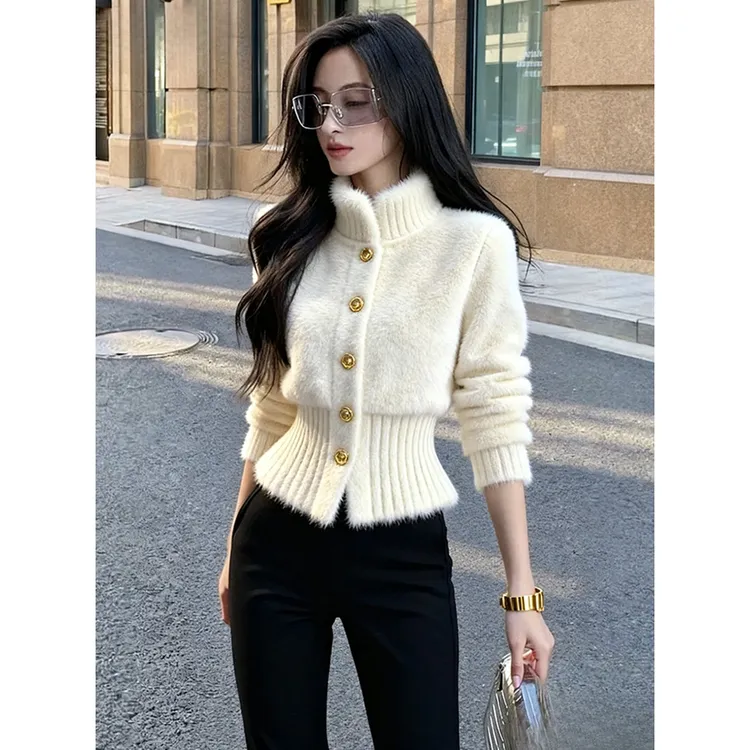白色毛绒外套女款秋冬巨好看独特漂亮软糯气质高端掐腰小香风上衣
