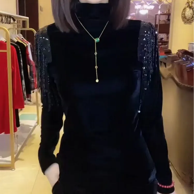 黑色法式别致设计高领打底衫女2026春季新款收腰显瘦百搭上衣T恤