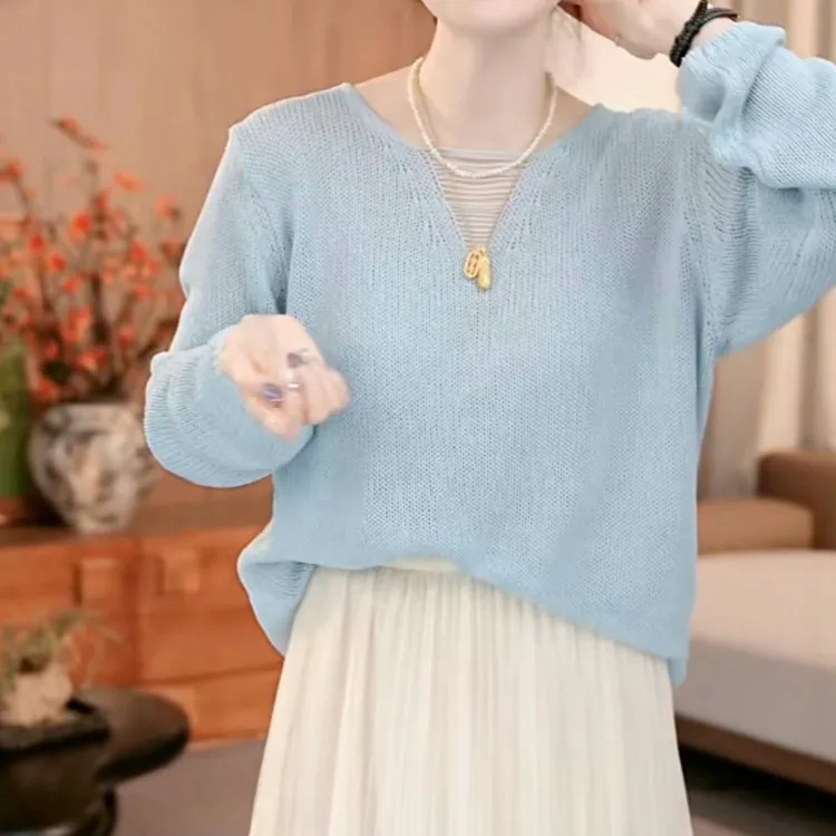 设计感v领亚麻防长袖晒罩衫女春季2025新款套头宽松慵懒风针织衫