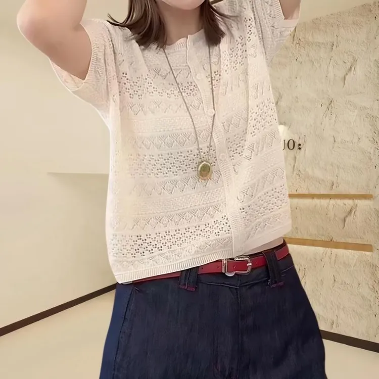 夏季新款纯色莱赛尔套头镂空针织衫女士时尚宽松气质防晒圆领上衣