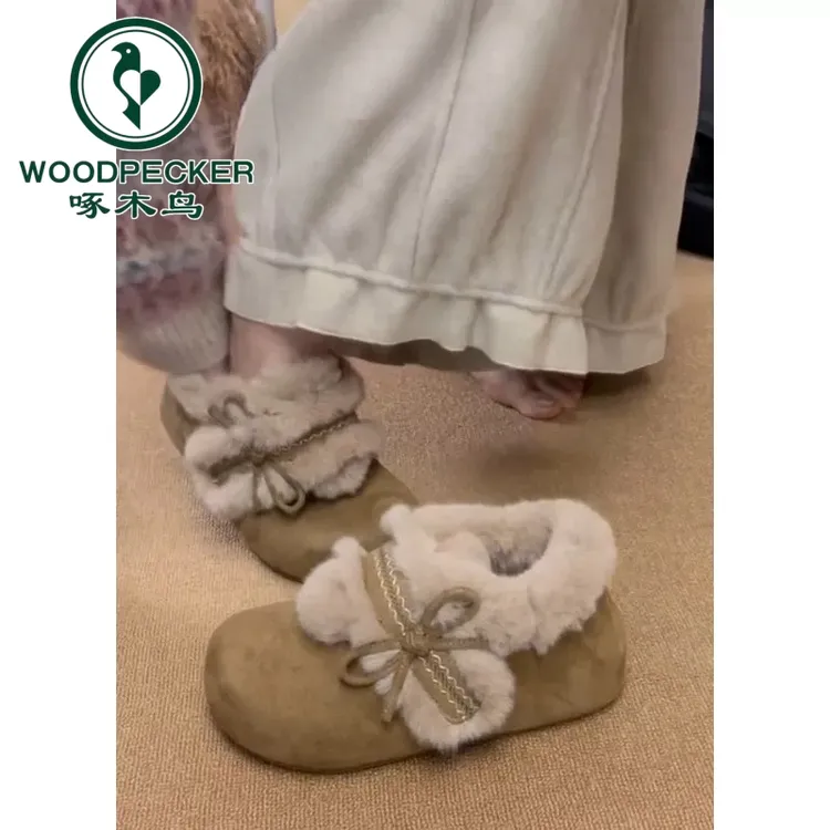 啄木鸟厚底内增高勃肯鞋女款2025冬季新款加绒保暖雪地棉鞋毛毛鞋