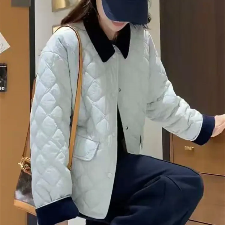 女常规款保暖休闲时尚菱形格棉服宽松型POLO领减龄