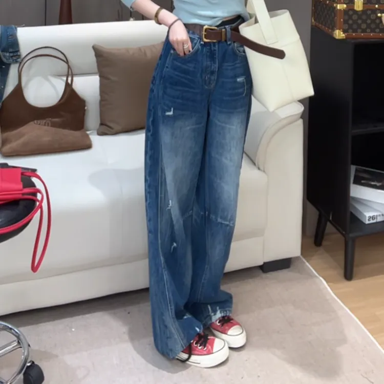 新款极简设计感百搭时尚高腰重工水洗显瘦牛仔裤LK2501745