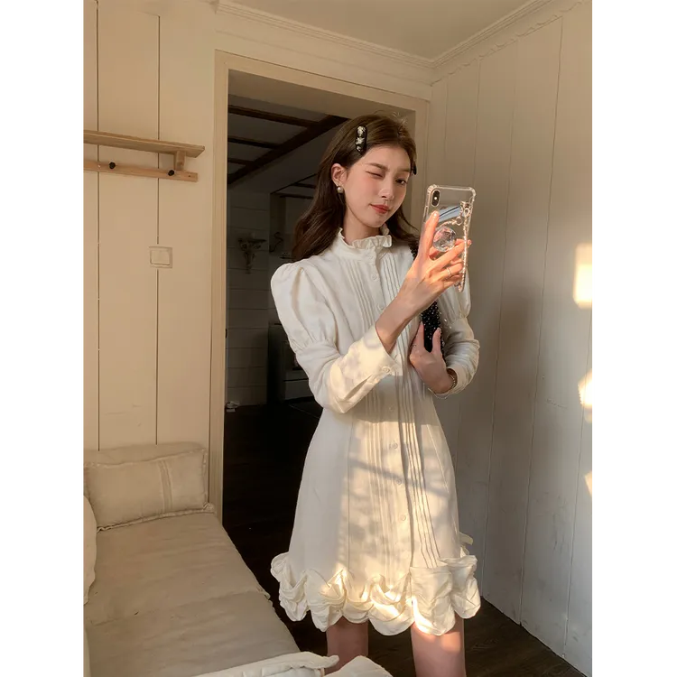 秋季甜美风减龄新款复古双层花边连衣裙胖妹妹高级感衬衫短裙子