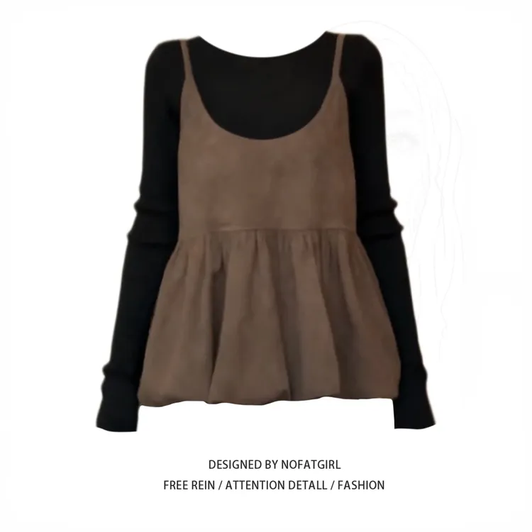 大码胖妹妹韩系复古褶皱下摆吊带小背心女秋冬季减龄叠穿百搭上衣