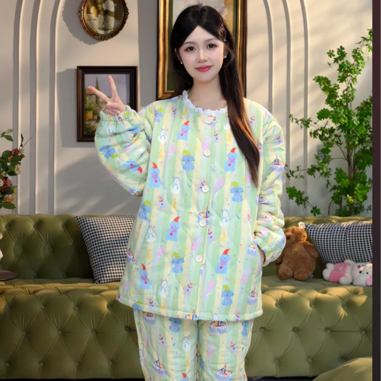 冬季大码三层加厚卡通套装女士长袖胖m200斤保暖睡衣可外穿家居服