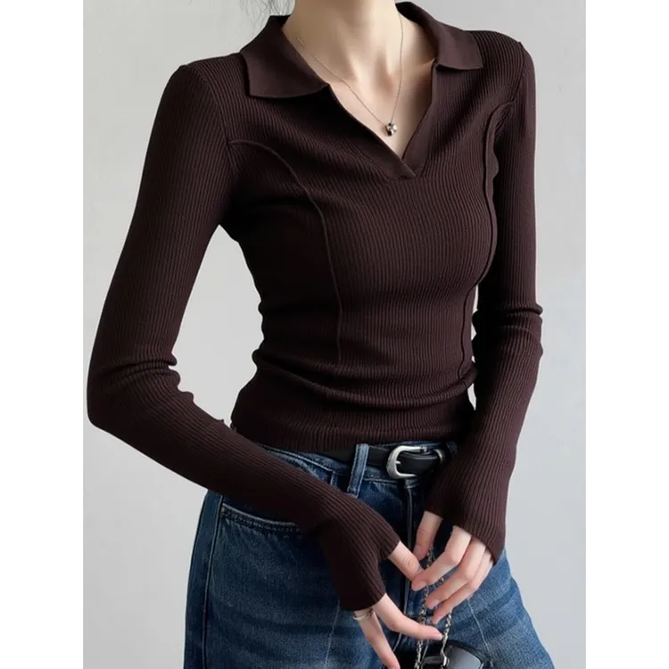 法式咖色polo衫翻领针织打底衫女秋冬毛衣内搭高级感气质长袖上衣