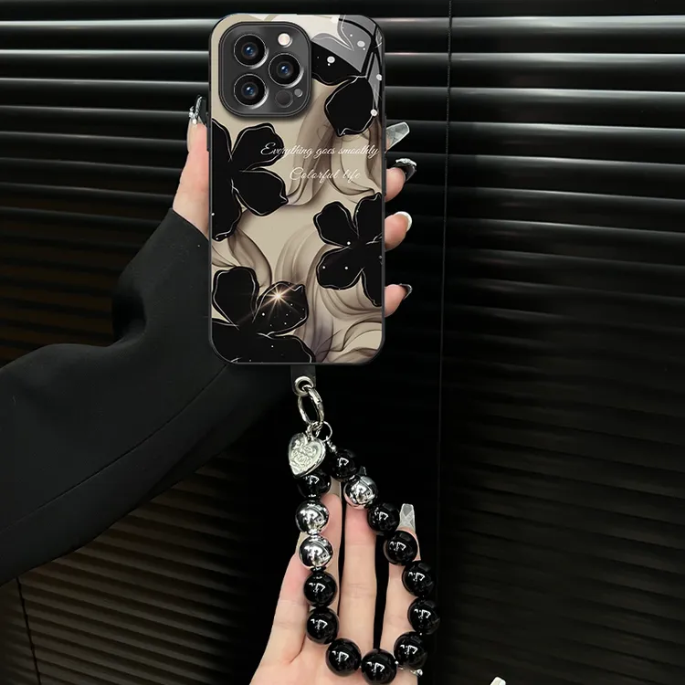 水墨花适用苹果vivo华为oppo小米iPhone16电镀玻璃壳全包手机壳