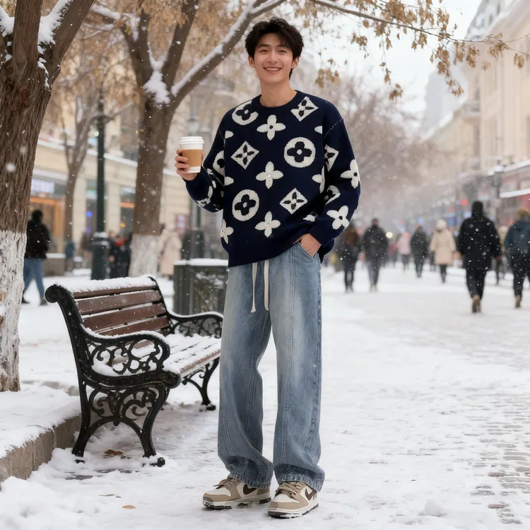 秋冬新款满副经典四叶草百搭宽松情侣毛衣提花圆领套头羊毛衫49