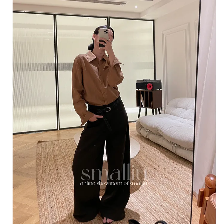 SMALLIU 百搭款韩版全品亚麻甘草色女衬衫