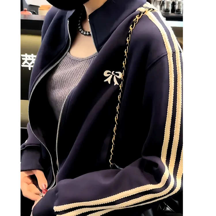 高级感时尚百搭藏蓝色开衫外套韩版休闲慵懒风宽松显瘦洋气短外套