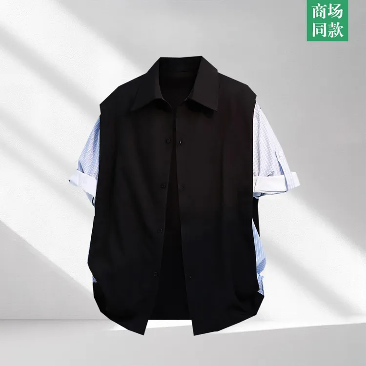 VIPOL休闲衬衫高级感痞帅夏季2025新款假两件衬衣短袖外套男时尚
