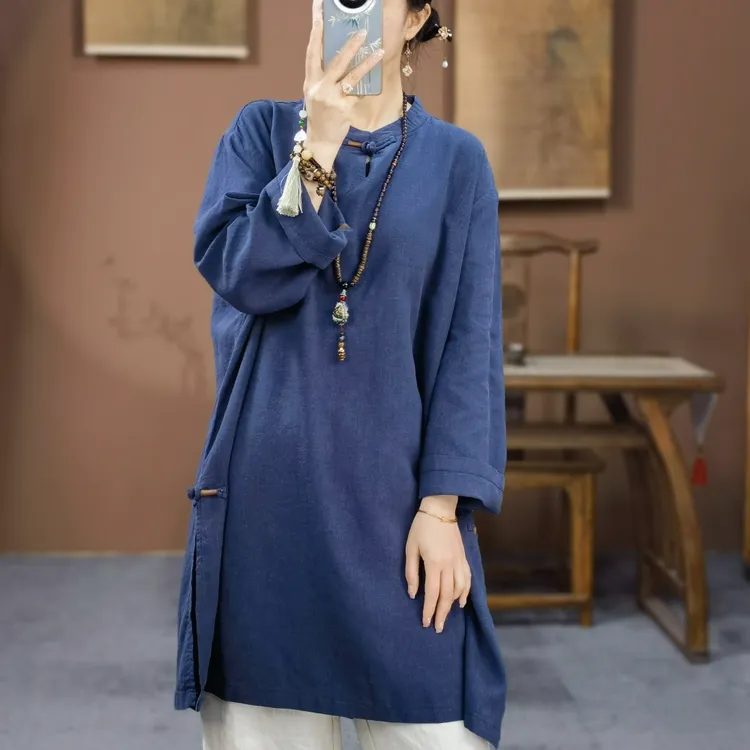 束心新中式女装春装新款复古立领盘扣亚麻纯色中长款九分袖上衣女