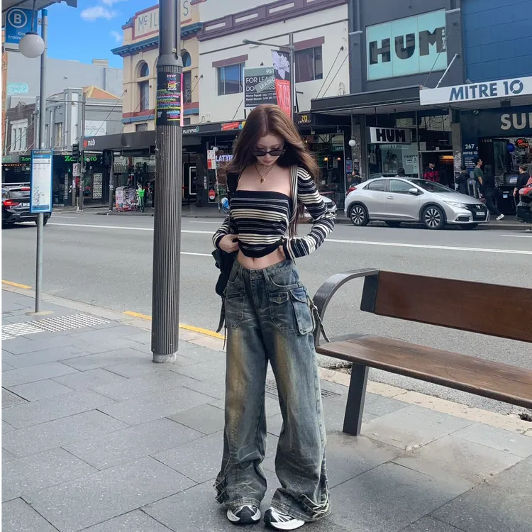 早秋季2025新款复古条纹辣妹长袖针织坎肩毛衣内搭抹胸宽松牛仔裤