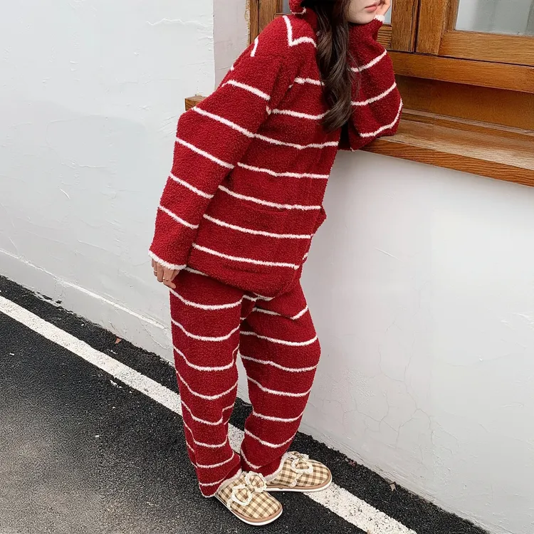 半边绒纯色条纹家居服睡衣套装秋冬女加厚加绒拉链连帽两件套宽松