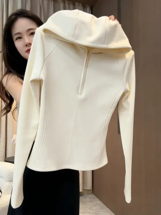 高档轻奢加绒加厚连帽卫衣女简约气质打底衫女内搭可外穿长袖T恤