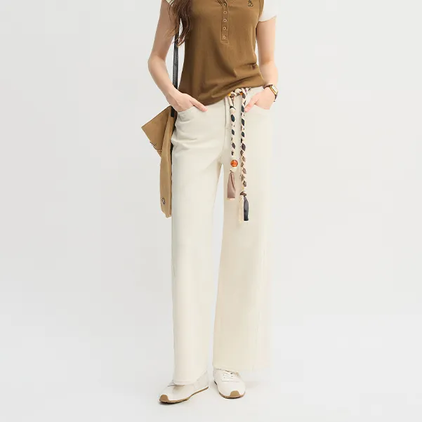 独束大码女装琥珀流光高腰弹力白色直筒裤百搭牛仔裤25DS83035