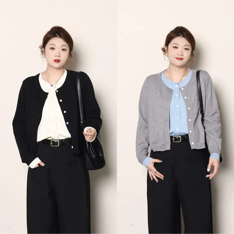 裂渡宣宣【香氛初恋】微胖大码女秋百搭撞色假两件针织开衫ZY507A71