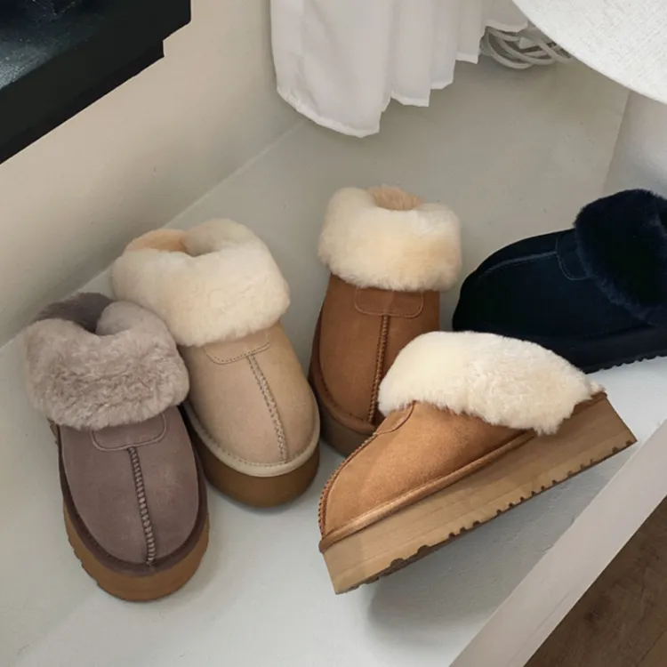 韩版秋冬季女款增高厚㡳皮毛一体包头拖鞋雪地靴保暖牛皮羊毛棉拖