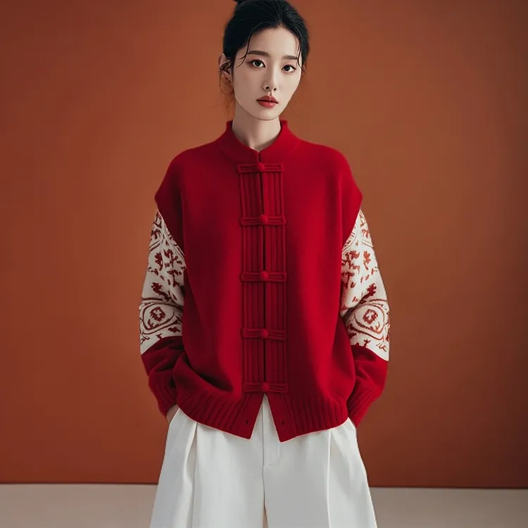 新年氛围感新中式国风复古宽松针织开衫外穿毛衣外套女冬2024新款