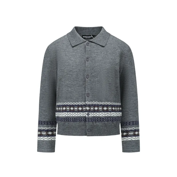 MANUSCRIPT费尔岛提花开衫 翻领仿羊绒针织Polo 干练正肩上衣