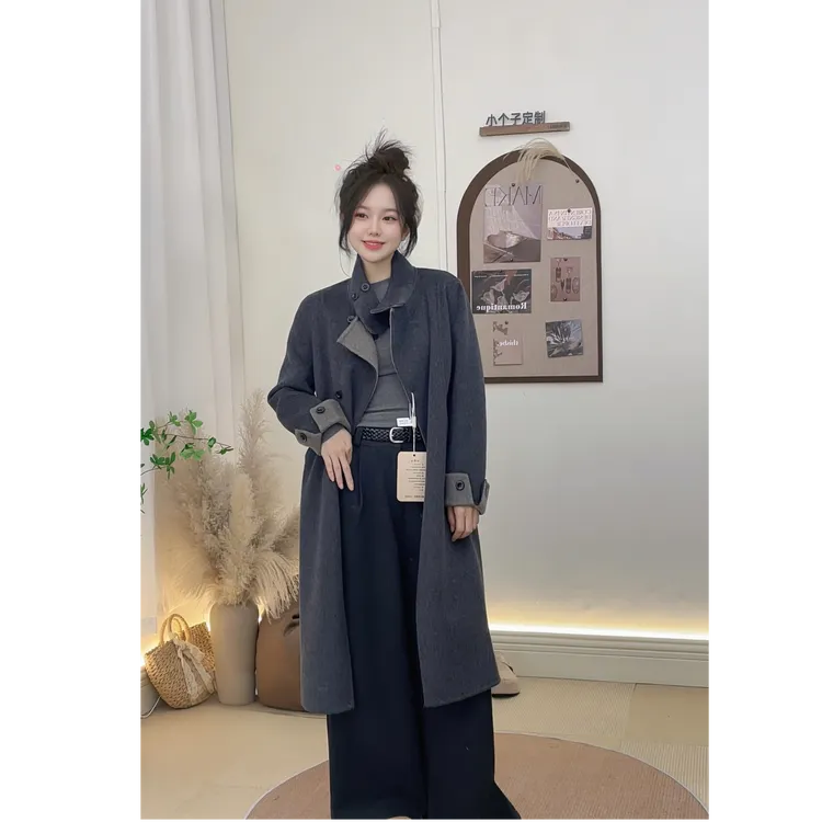 【呆呆】快衣布山羊绒+天丝小个子气质显瘦立领双色羊绒大衣8802
