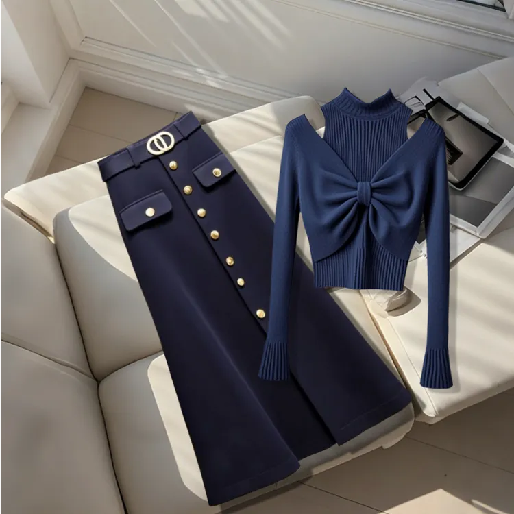 韩系氛围感假两件针织上衣套装女早秋新款通勤百搭半身裙两件套女