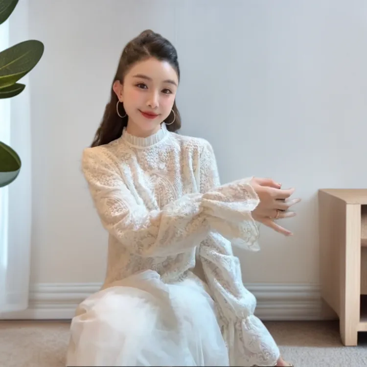 韩版纯色提花蕾丝衫秋冬新款立领长袖正肩高级感打底衫YY70952