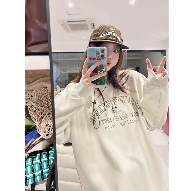 晶咕【元气soul】美式复古字母图案圆领宽松长袖卫衣