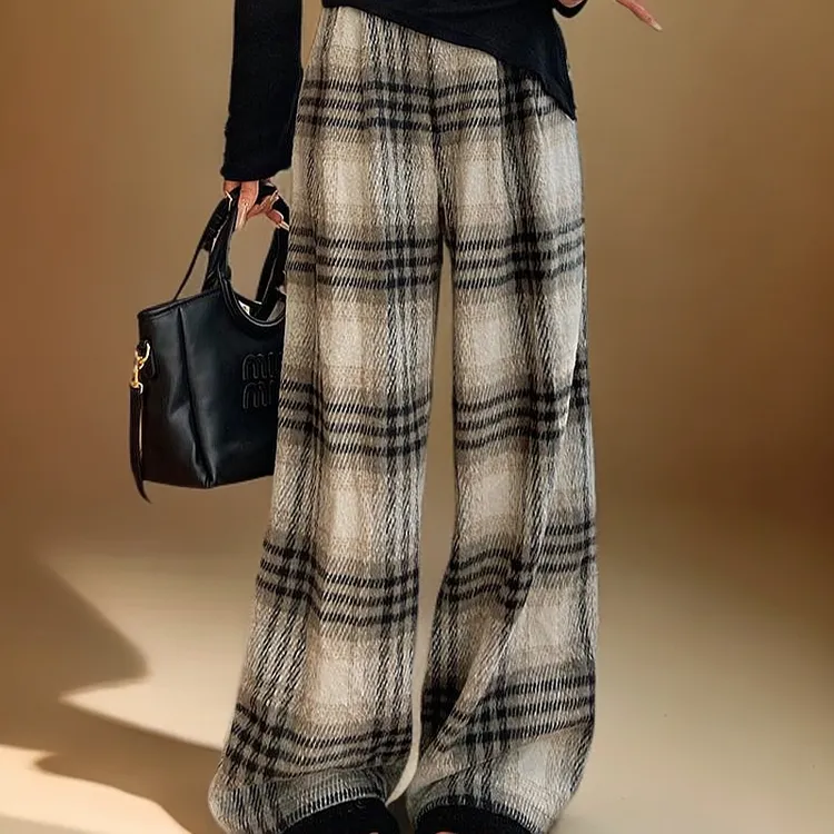 加绒加厚毛呢格子裤女秋冬新款复古黑白格阔腿慵懒宽松休闲直筒裤