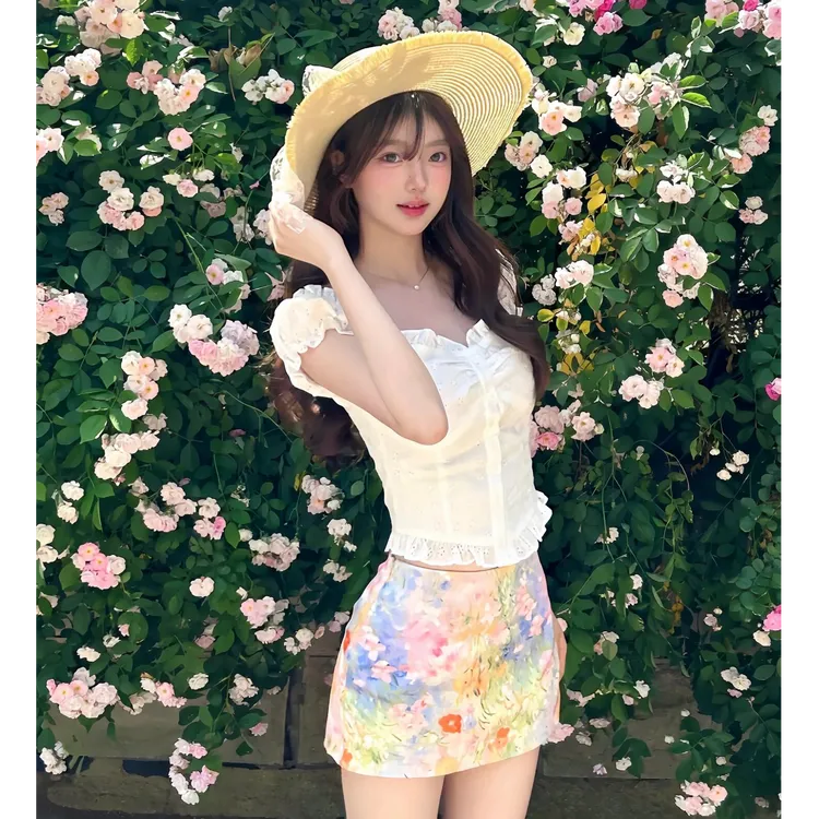 H2AN1 STUDIO丨原创新品镂空一字肩两穿短款泡泡袖小衫短袖女上衣