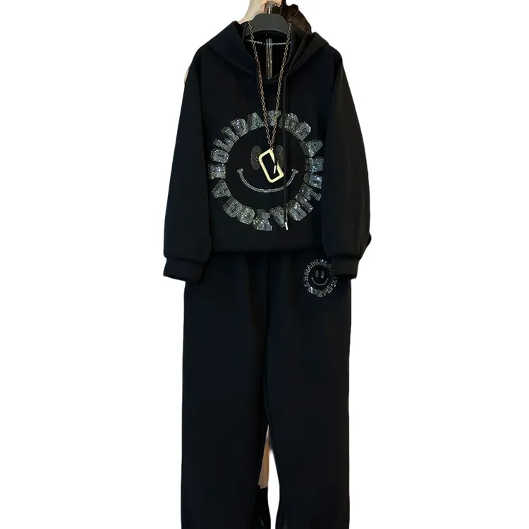 大维罗依PLL新款大码秋装新款加绒烫钻印图休闲套装