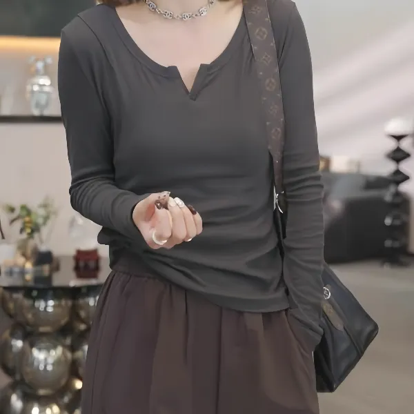 大码纯棉v领长袖t恤女秋季2025新款胖MM韩系显瘦百搭内搭打底上衣