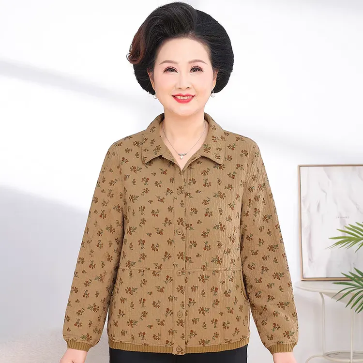 中老年春秋长袖衬衫女纯棉碎花妈妈装老人衣服奶奶衬衣洋气上衣