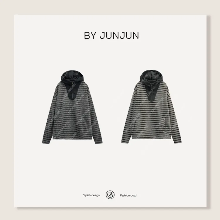 ByJunjun【彩纱条纹】半拉链连帽条纹卫衣