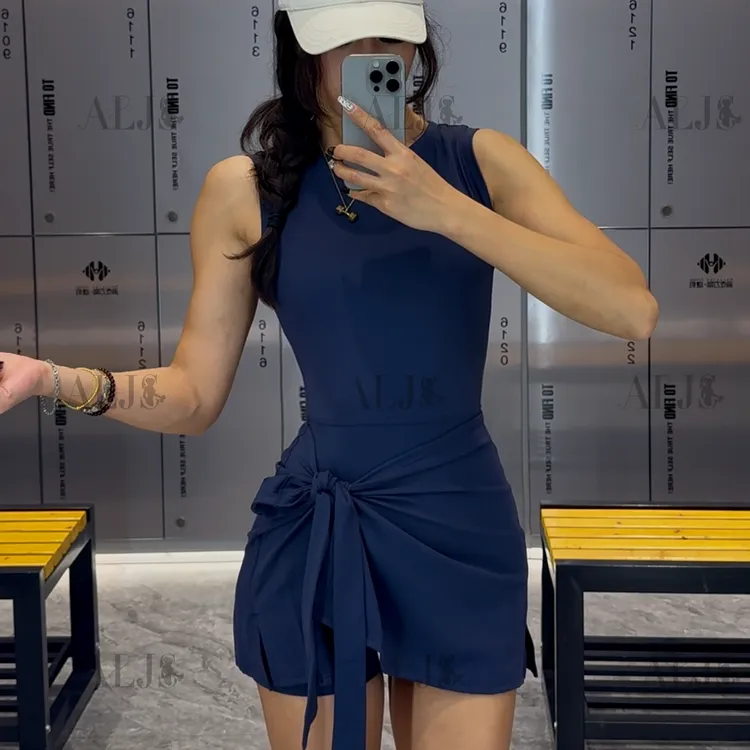 ALJS新款防走光网球裙连体瑜伽服背心一体式健身服高尔夫连衣裙女