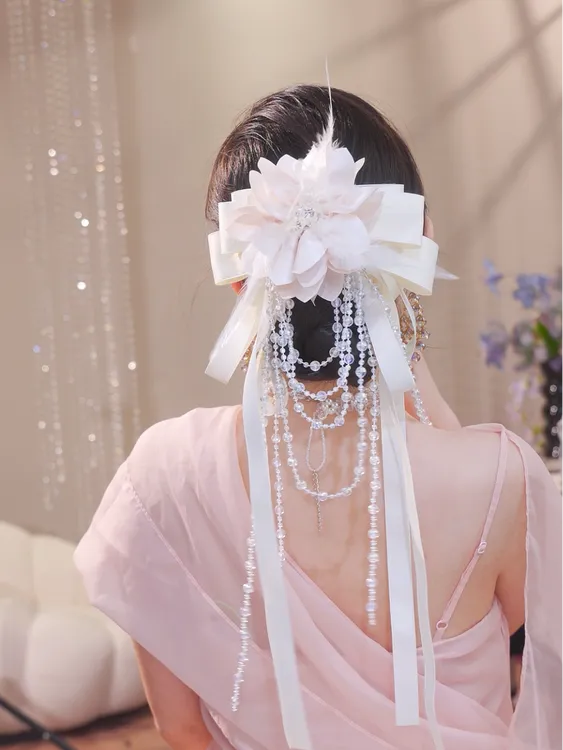 超仙羽毛飘带发夹优雅气质小众设计师款流苏抓夹鲨鱼夹3162